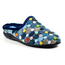 Angled front view of a Lunar slip-on mule slipper showcasing a multicoloured polka dot knit pattern with pastel and bright tones, navy blue trim, plush inner lining, and a sturdy black sole.