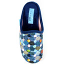 Top-down view of a Lunar slip-on mule slipper with a vibrant multicoloured dot and knit-style pattern, soft navy blue trim, and a cushioned interior featuring a light blue "Lunar Slippers" label.