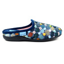 Side view of a Lunar slip-on mule slipper featuring a textured multicolour knit-look upper decorated with pastel polka dots, trimmed in navy blue with a soft interior lining and black rubber sole.