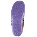 Bottom view of a slipper featuring a purple rubber sole with a non-slip textured tread pattern. The sole is marked with embossed text reading size "37," and "MADE IN SPAIN." The patterned fabric upper is partially visible around the sides.