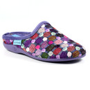Angled side view of a Lunar women's slipper with a purple sole and plush trim. The upper showcases a colourful knit-style pattern featuring multicoloured dots and rectangles in shades of pink, purple, red, green, and mint. A blue Lunar brand tag is sewn into the side.