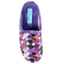 Top view of a women's slipper with a colourful knitted-style pattern on the upper, featuring textured dots in red, purple, green, and white. The interior is fully lined with soft purple fleece, and a light blue "Lunar Slippers" label is stitched onto the insole. The slipper has a closed-toe, backless mule design.