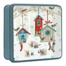 A tin with bird houses on filled with shortbread