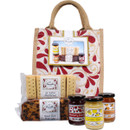 Bramble Foods preserves and cake jute hamper gift set with all butter shortbread, rich fruit cake, strawberry preserve, lemon curd and breakfast marmalade.