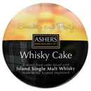 Round tin of Ashers Whisky Cake with a gradient gold and black label. Text highlights "Smokey and Peaty" and "Island Single Malt Whisky." Round tin of Ashers Whisky Cake with a gradient gold and black label. Text highlights "Smokey and Peaty" and "Island Single Malt Whisky."