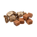 Selection of Baileys fudge pieces and gold-wrapped sweets displayed together, showcasing the rich caramel colour and smooth texture of the fudge.