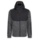 Front view: Men’s black and grey hooded softshell jacket, zip-up with chest pocket, outdoor activewear.