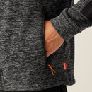 Pocket detail: Men’s grey fleece jacket with zip pocket, textured fabric, durable outdoor workwear design.