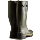 The back of a pair of dark green Hunter wellington boots.
