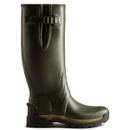 A side view of a dark green Hunter wellington boot.