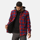 Man wearing red and blue plaid hooded jacket open over black shirt, showing soft inner lining, zip-up front, and casual workwear styling