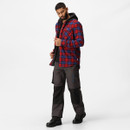 Full outfit of man wearing red plaid hooded jacket paired with dark work trousers and black boots, ideal for rugged outdoor workwear and casual styling