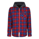 Front view of men’s red and navy check hooded jacket with full zip fastening, chest pocket detail, and attached grey hood for versatile outdoor wear
