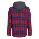 Back view of red plaid hooded shirt jacket with grey hood and relaxed fit, designed for layering in casual and workwear settings