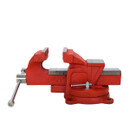 A red swivel base cast iron vice on a white background.