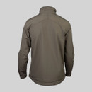 Rear view of olive green men’s softshell jacket with high collar and clean panelled back design.