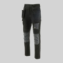Black CAT work trousers with grey knee panels, featuring multiple utility pockets, reinforced stitching and durable fabric, front view
