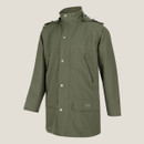 Dark olive green Hoggs outdoor jacket with high collar, front press-stud fastening and large lower pockets.