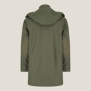 Rear view of dark olive green outdoor jacket with shoulder cape detail and longline design.