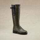 Three-quarter view of a Le Chameau men’s green Wellington boot with adjustable gusset and rugged black tread sole.