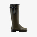 Side profile of a Le Chameau men’s green Wellington boot with adjustable calf gusset and black tread sole on white.