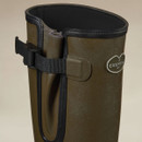 Close-up of a Le Chameau men’s green Wellington boot showing the adjustable calf gusset, buckle strap and branded badge.
