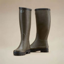 Front and rear view of Le Chameau women’s Giverny green wellington boots with tall rubber uppers and rugged soles.