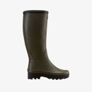 Side profile of a Le Chameau women’s Giverny green wellington boot with tall rubber upper and chunky treaded sole.