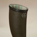 Close-up of a Le Chameau Giverny wellington boot showing the signature logo and striped jersey lining.
