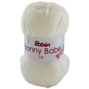 Ball of cream “Robin Bonny Babes DK Sparkle” yarn with a white label, photographed on a white background.