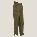 Olive green trousers with multiple pockets, a relaxed fit, and adjustable ankle ties, exuding a casual and rugged outdoor vibe.