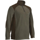 Olive green and brown pullover fleece with long sleeves and a half-zip collar. Features a subtle logo on the chest. Casual and outdoorsy vibe.