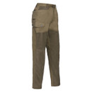 A pair of brown hunting trousers with reinforced fabric on the knees and seat, featuring multiple pockets and an adjustable waistband, designed for outdoor use. A pair of brown hunting trousers with reinforced fabric on the knees and seat, featuring multiple pockets and an adjustable waistband, designed for outdoor use.