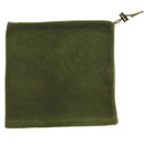 A square, olive green fleece scarf with a drawstring closure at the top right corner. The texture appears soft, suggesting warmth and comfort.