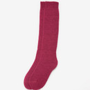 A single raspberry pink knee-high sock is displayed against a plain white background. The sock has a ribbed cuff and appears warm and cosy.