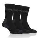 A row of three black socks with grey 'Jeep' branding at the top.