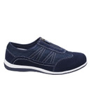 A side view of a navy blue casual slip-on shoe with white stitching and a zip fastening, featuring a white and navy sole.