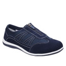 A side view of a navy blue casual slip-on shoe with white stitching and a zip fastening, featuring a white and navy sole.