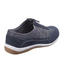 The back of a grey casual slip-on shoe with white stitching and a zip fastening, featuring a white and natural coloured sole.