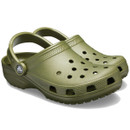 Army green Crocs Classic clog with ventilation holes and adjustable heel strap, shown from a front three-quarter angle on a white background.