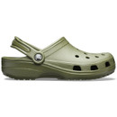 Side profile of an army green Crocs Classic clog showing the cushioned sole, ventilation ports and adjustable heel strap.