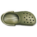 Side profile of an army green Crocs Classic clog showing the cushioned sole, ventilation ports and adjustable heel strap.