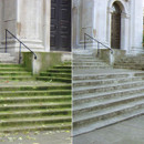 Before-and-after image of stone stairs. Left: Stairs covered in green moss and leaves. Right: Cleaned stairs with no moss, showcasing a neat appearance.