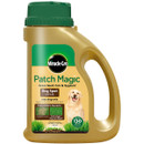 Container of Miracle-Gro Patch Magic for dog spot repair sits upright. Label shows grass and a dog, promising repairs for up to 130 spots.