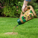A hand holding a beige and green container of "Patch Magic" lawn product, sprinkling seeds on a dry lawn patch. Background shows lush greenery.