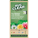 Alt text: "Bug Clear Ultra 2 box for flowers and shrubs. Green packaging with images of roses and pests. Organic logo displayed. Emphasizes plant-based active ingredients, kills aphids and larvae, effects within 1 day."