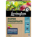 Packaging for Levington Super Phosphate fertilizer, featuring images of healthy root vegetables. Text highlights its benefits for plant growth and root strength.