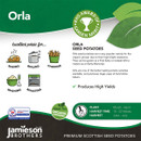 Orla seed potatoes promotional graphic highlighting their versatility for baking, boiling, chipping, mashing, and roasting. Includes RHS Award symbol and notes on high blight resistance with high yield production. Planting advice is March-April, harvesting June-July. Ideal for organic growing. Jamieson Brothers branding present.