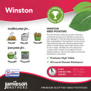 Colorful advertisement for Winston seed potatoes highlighting their versatility for baking, boiling, chipping, mashing, and roasting. The image features a green award symbol for garden merit, with a description emphasizing high yields and disease resistance. Planting and harvest details are included in a red and black section. Jamieson Brothers' logo is at the bottom, branding them as premium Scottish seed potatoes.