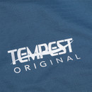 Tempest Original logo printed in white on teal turnout rug fabric